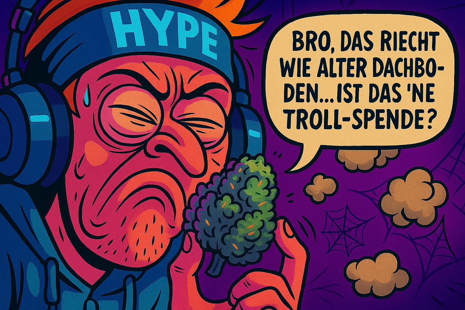 Comic: Kai riecht am Bud und sagt zu seinem Chat: 'Bro, das riecht wie alter Dachboden... ist das ein Troll?'