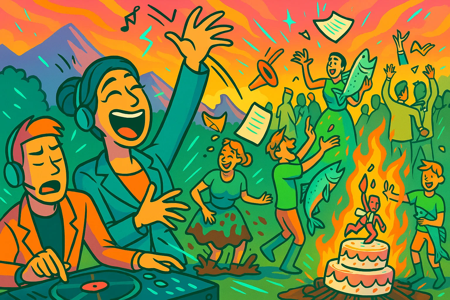 Comic: Heidi dirigiert eine wilde, spontane Party am Flussufer.
