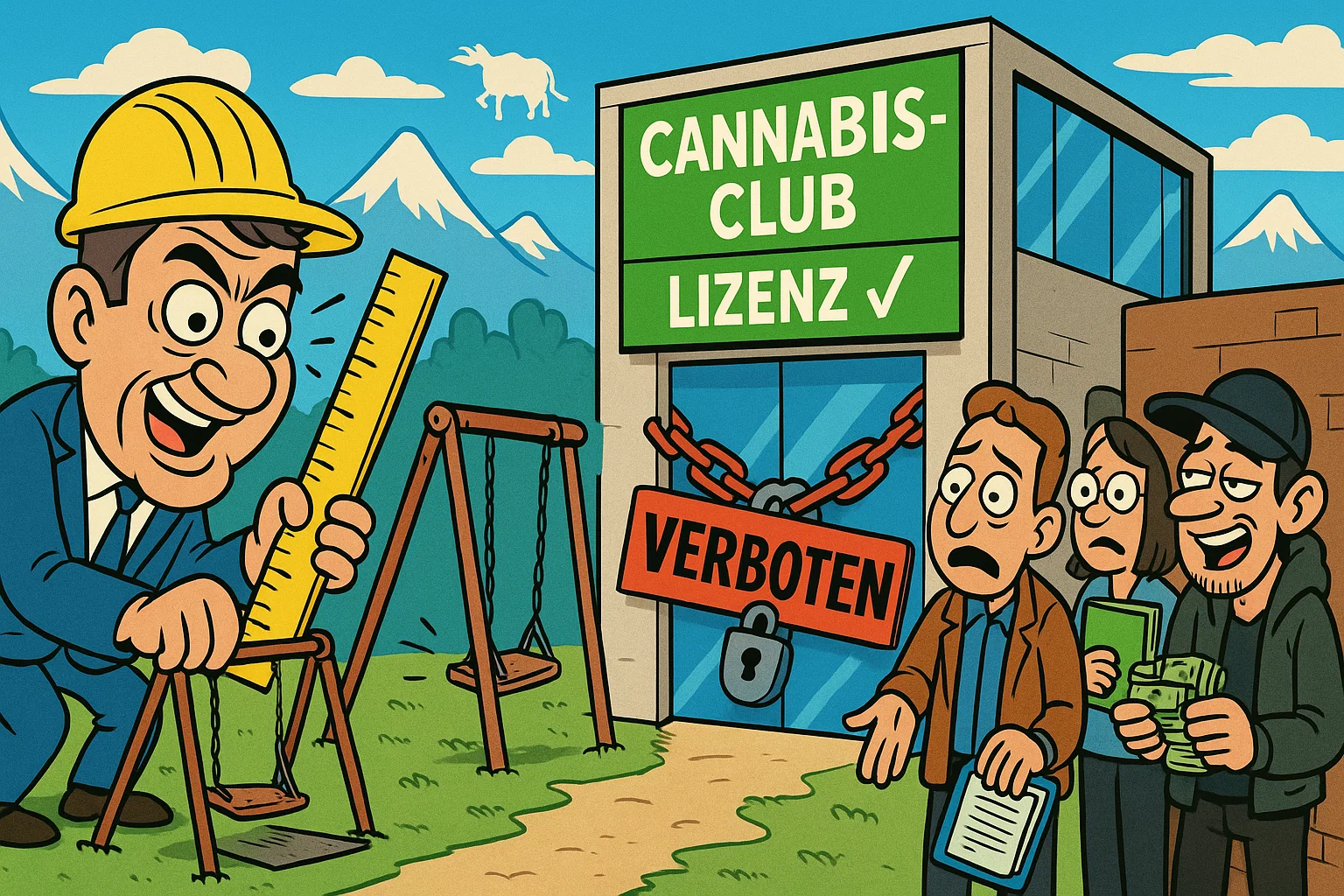 Karikatur: Söder baut Mini-Spielplatz neben Cannabis-Club-Gebäude, dahinter verzweifelte Club-Betreiber mit leeren Taschen, während Dealer im Hintergrund Geld zählen