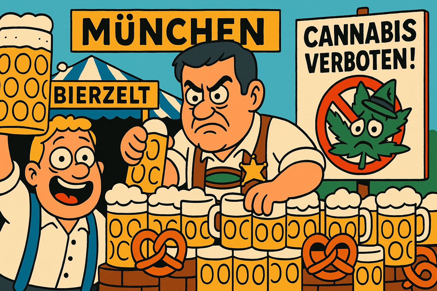 Karikatur: Markus Söder als Sheriff verbietet Cannabis auf dem Oktoberfest mit einer Mauer aus Bierkrügen