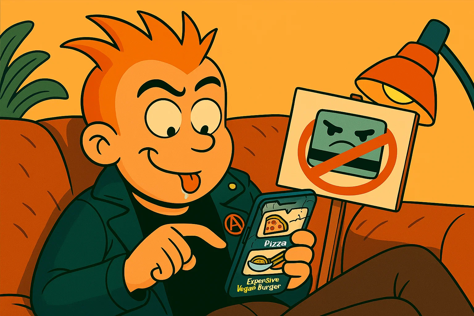 Comic: Ronny scrollt auf seinem Handy, vorbei an Demos, direkt zur Liefer-App und bestellt sabbernd einen überteuerten Bio-Burger.