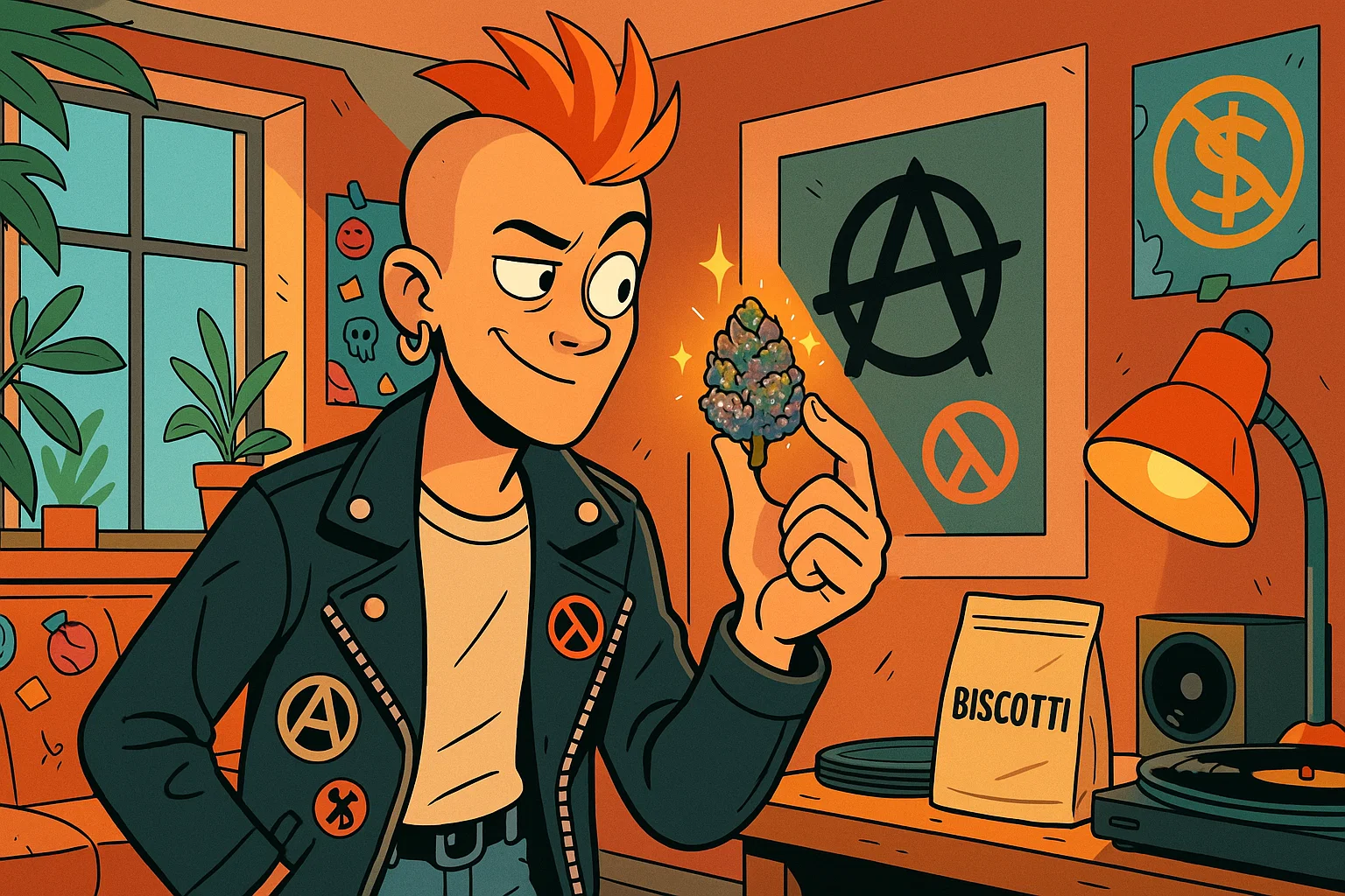 Punk Riot-Ronny in seiner heruntergekommenen Wohnung, umgeben von Protestschildern, hält einen frostigen Biscotti-Bud und schaut misstrauisch.