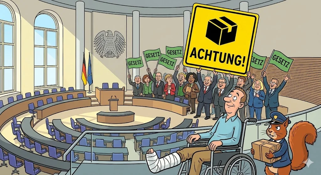 Grafik: Ein grüner Haken (Gesetz durch) aber ein gelbes Warnschild (Versandhandel).