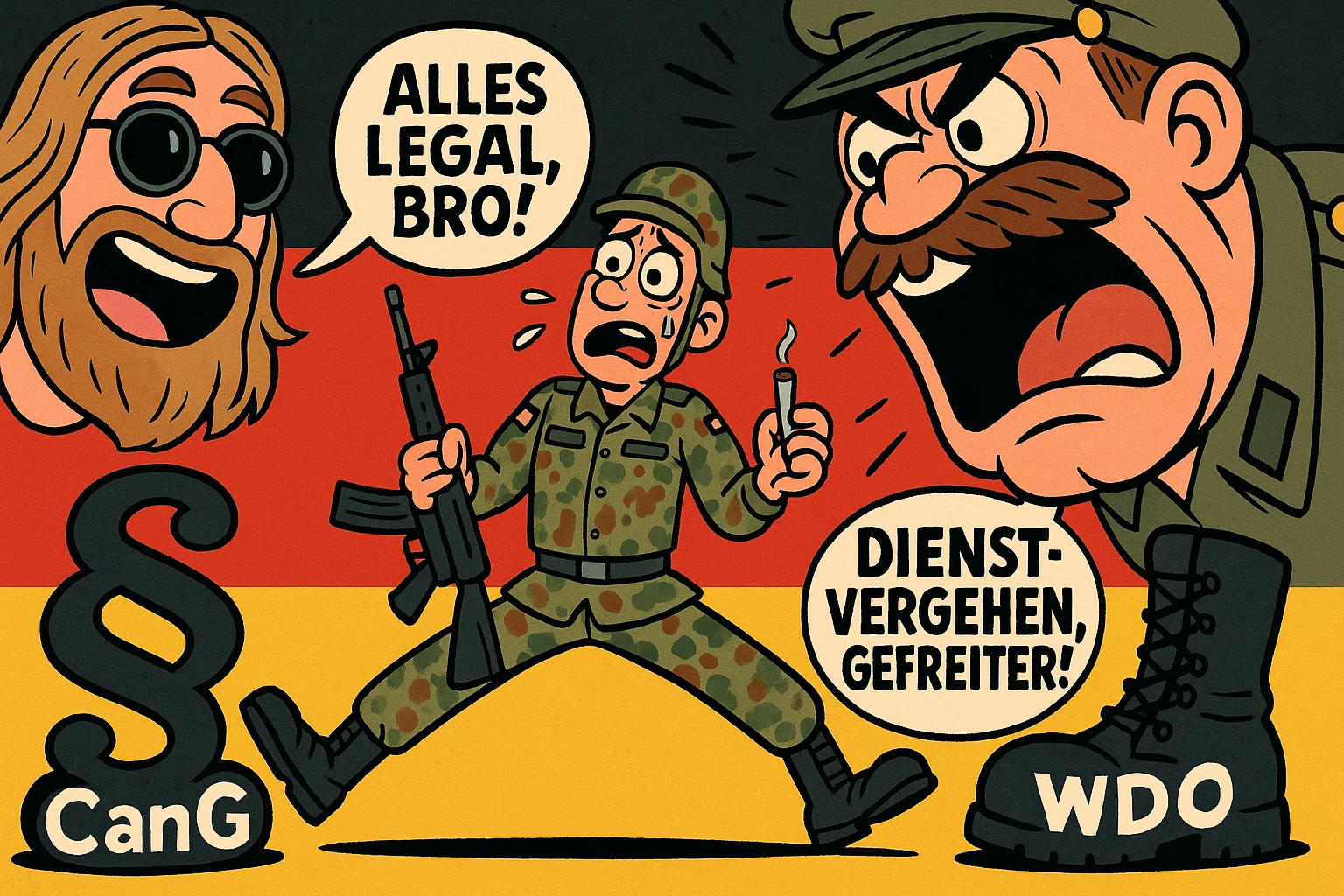 Karikatur zum Konflikt zwischen Bundeswehr und Cannabisgesetz: Ein Soldat steht im Spagat zwischen einem Joint und einem Befehl vom Kommandeur.