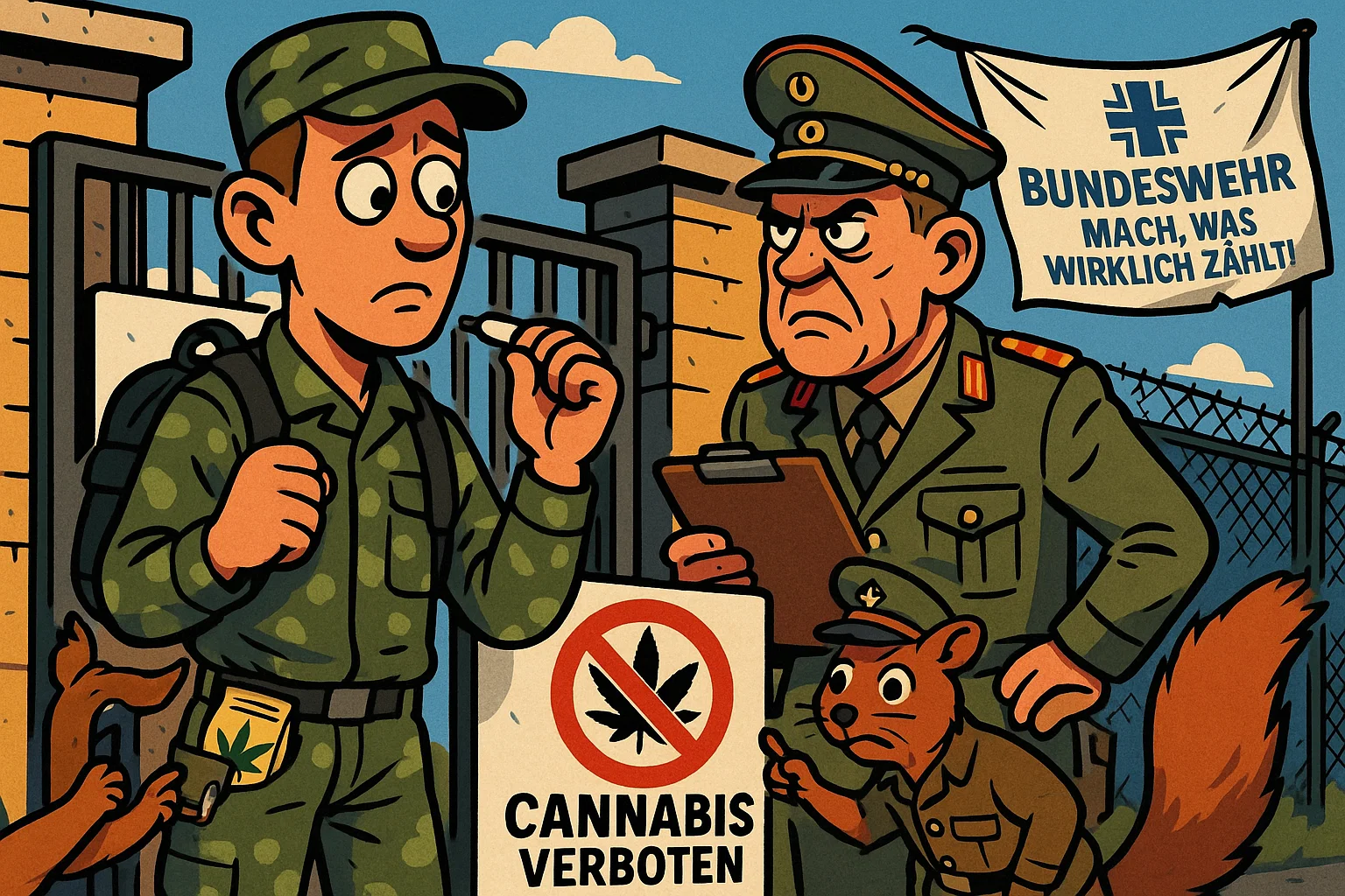 Illustration: Motivierte Bewerber vor Kasernentür – einer wird wegen positivem THC-Test gestoppt, trotz Legalität