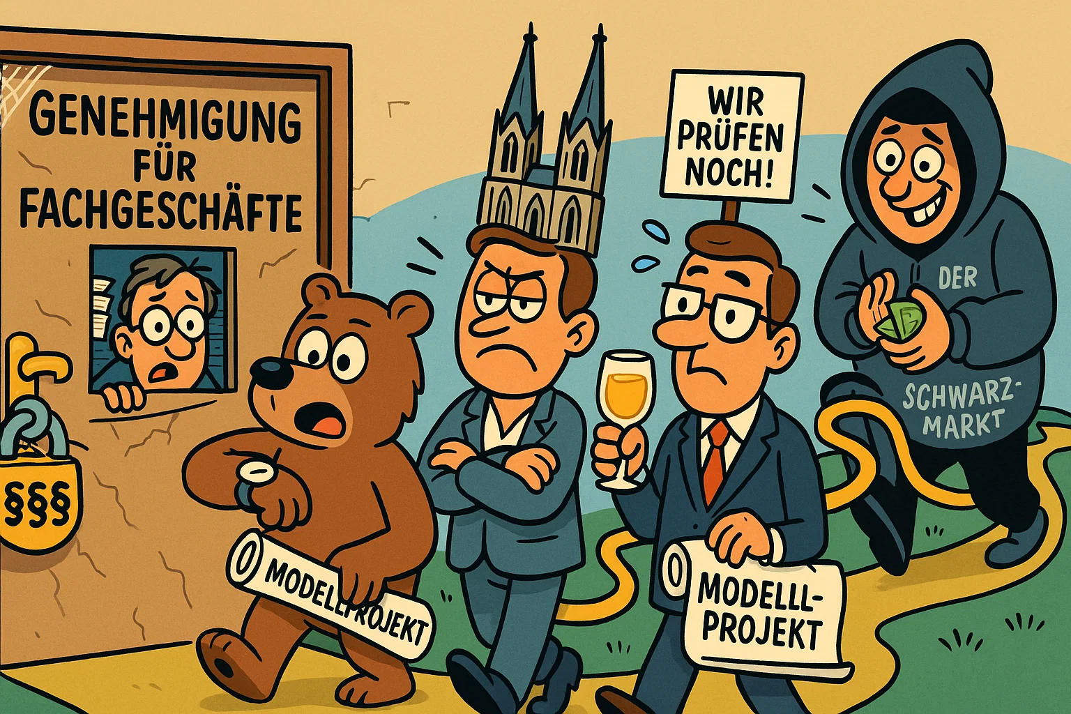 Karikatur: Städte stehen Schlange vor dem Gesundheitsministerium für die Genehmigung von Cannabis-Modellprojekten, doch alles ist blockiert.