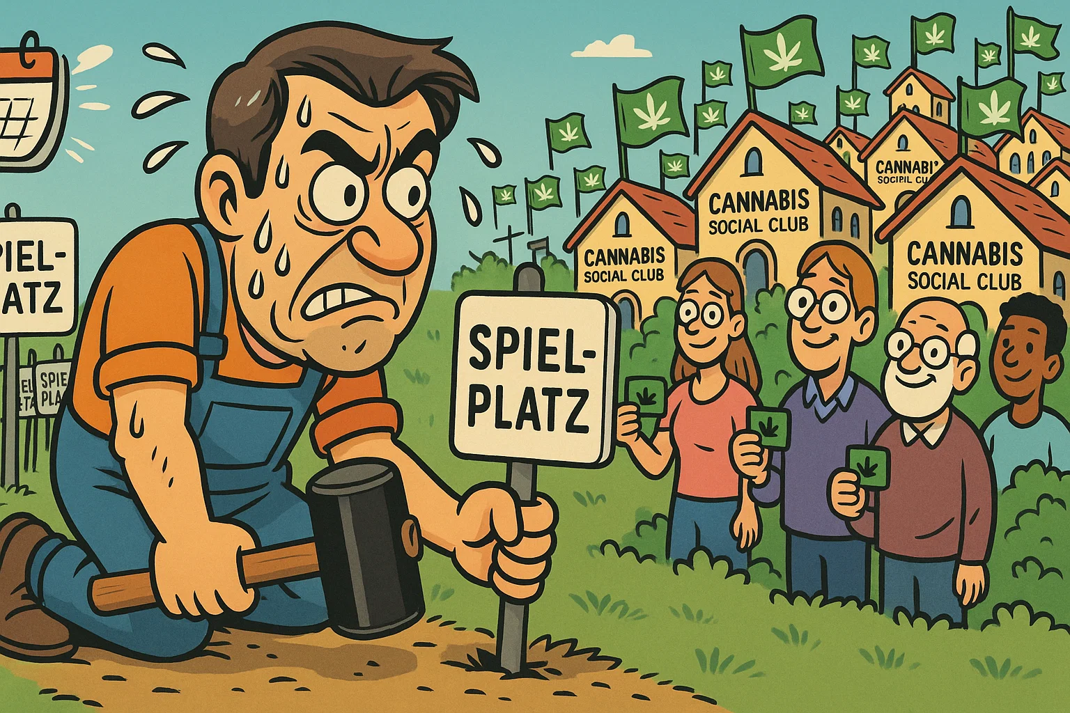 Karikatur: 293 Cannabis Social Clubs wachsen wie Pilze aus dem Boden, während Bürokratie-Monster versuchen sie aufzuhalten