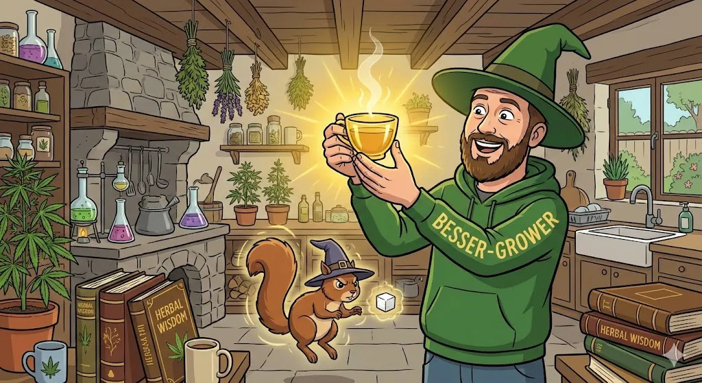 Karikatur: Ein Grower als Alchemist feiert sein perfekt gebrautes Cannabis-Tee-Elixier.