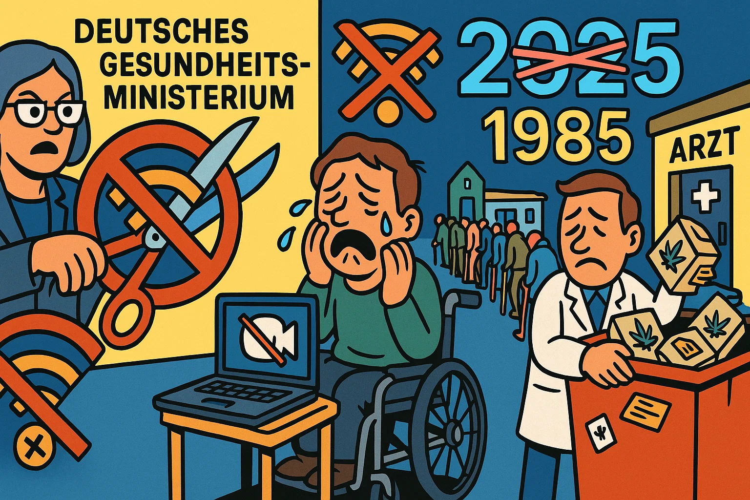 Karikatur: Gesundheitsministerin zerschneidet WLAN-Symbol mit Riesenschere, weinender Patient im Rollstuhl vor verschlossenem Laptop, Apotheker wirft Cannabis-Pakete in Müllcontainer, im Hintergrund lange Warteschlange vor Arztpraxis
