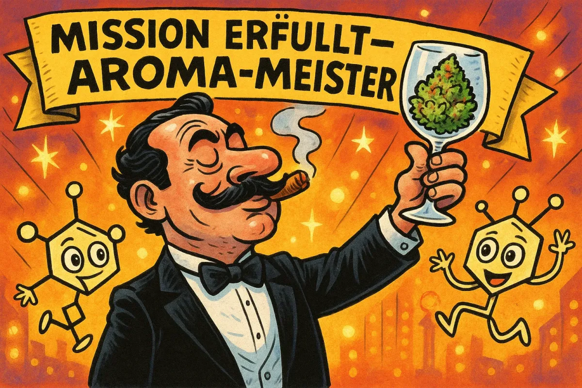 Karikatur: Grower im Smoking hebt Glas mit Buds wie Wein, Terpene tanzen, Banner Mission erfüllt – Aroma-Meister