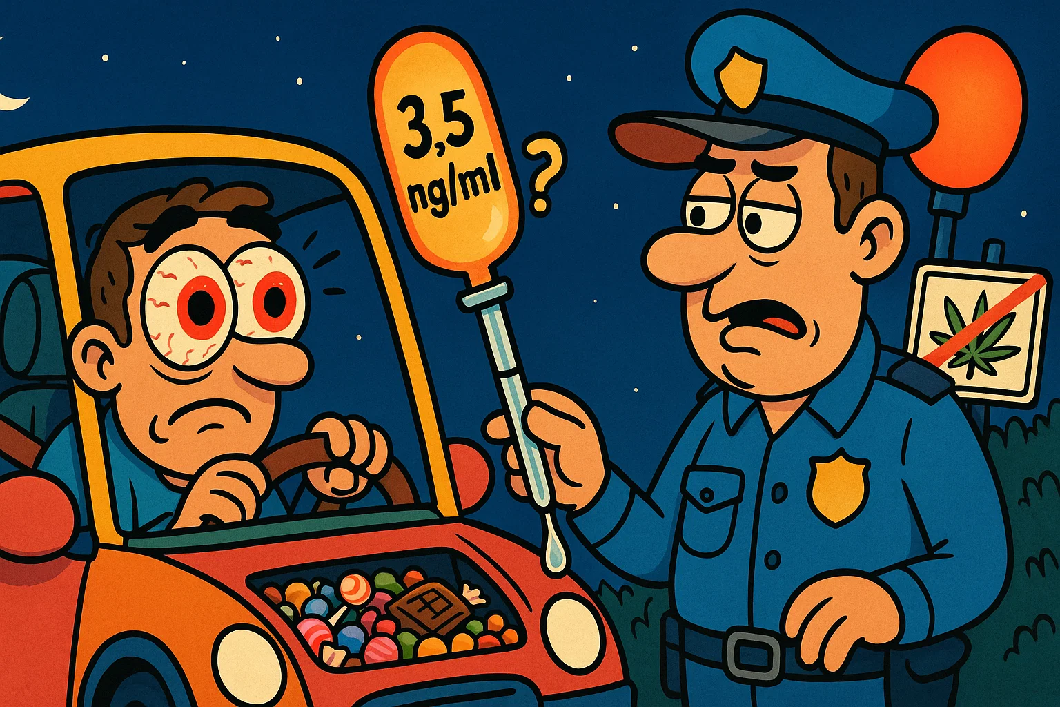 Karikatur: Autofahrer wird von Polizei auf neuen THC-Grenzwert von 3,5 ng/ml kontrolliert