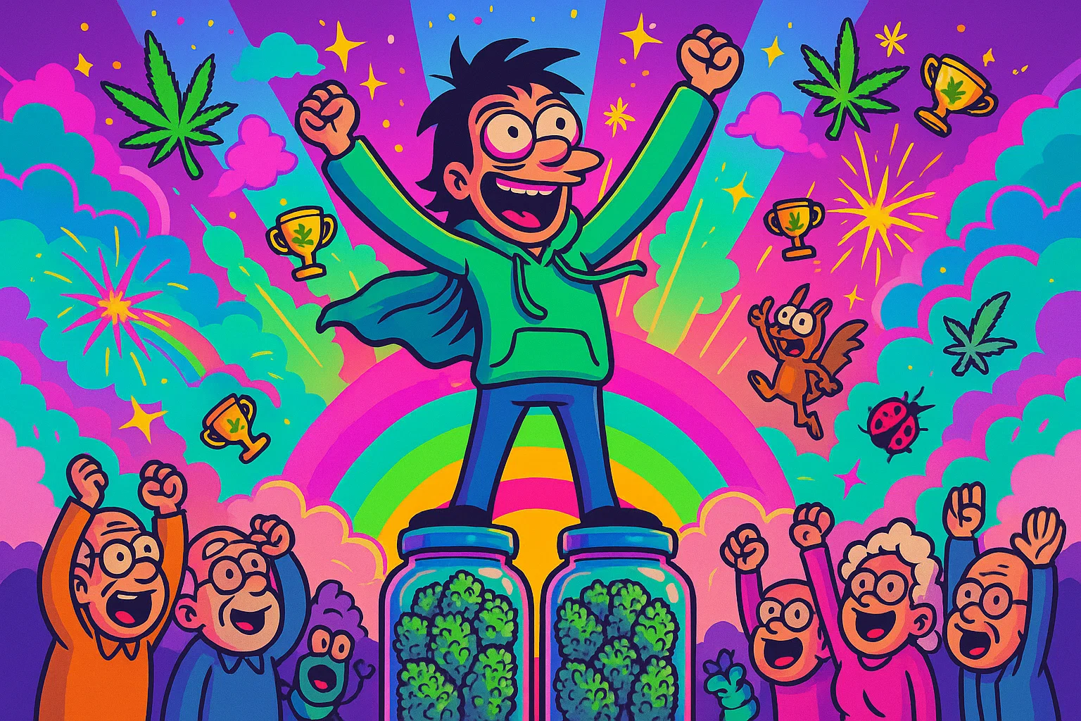 Karikatur: Episches Victory-Poster – Grower triumphiert auf einem Podest aus Einmachgläsern, Neon-Rauchregenbogen & Feuerwerk.