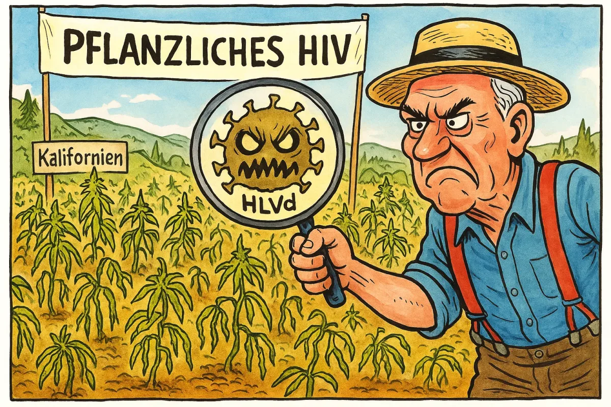 Karikatur eines Farmers in Kalifornien, der mit einer Lupe auf ein monströs gezeichnetes Cannabis-Virus (HLVd) blickt – Symbolbild für HLVd und die Untersuchung einer betroffenen Pflanze