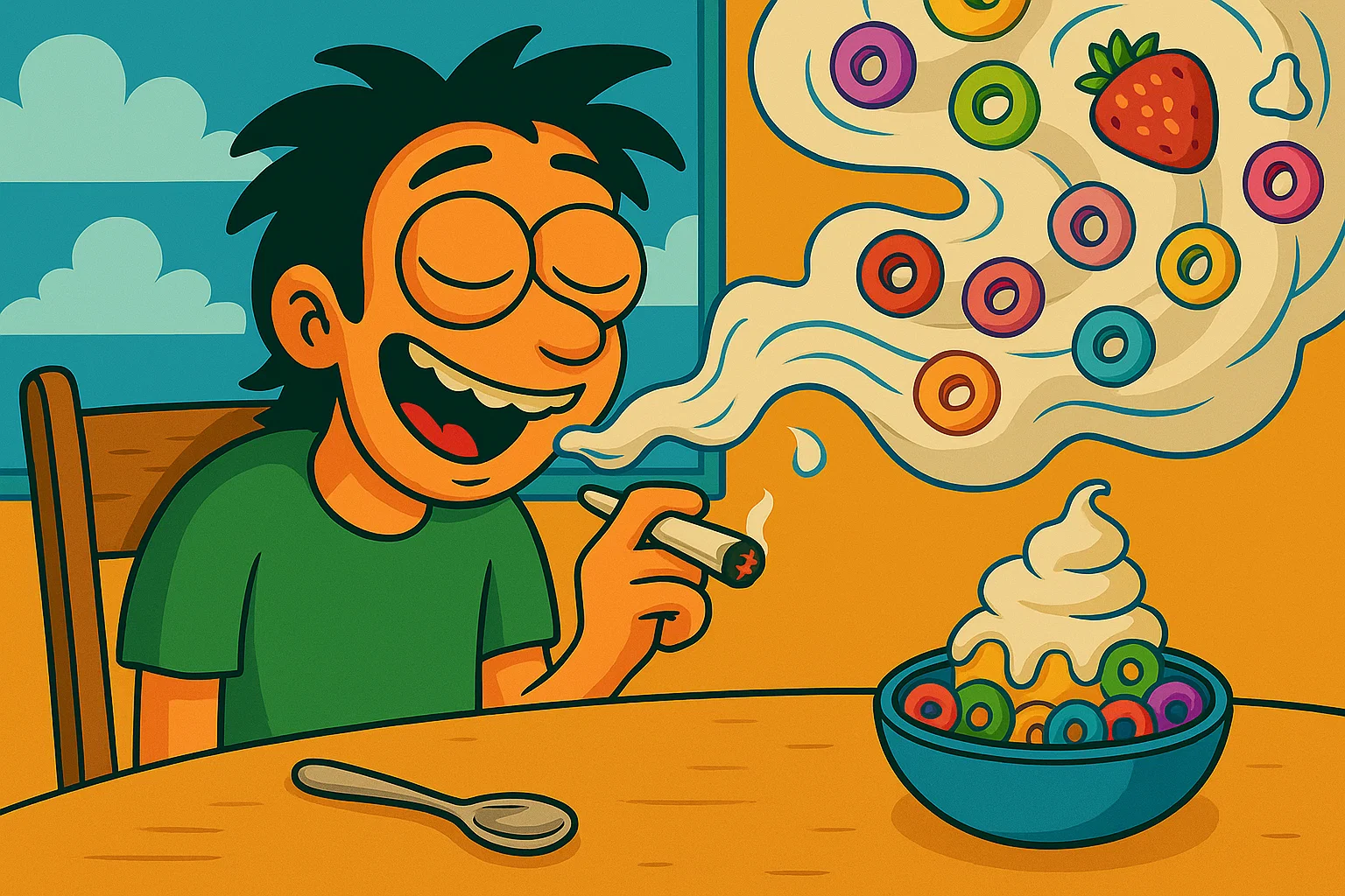 Comic: Aus dem Mund des Helden explodiert ein Strudel aus Milch, Froot Loops und Beeren.