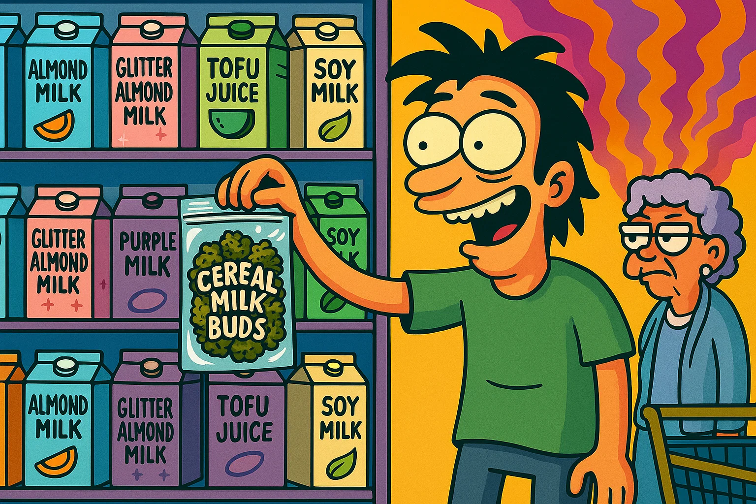 Comic: Held steht verwirrt im Supermarkt vor dem Milchregal und hält eine Tüte Cereal Milk Buds statt einer Milchpackung.