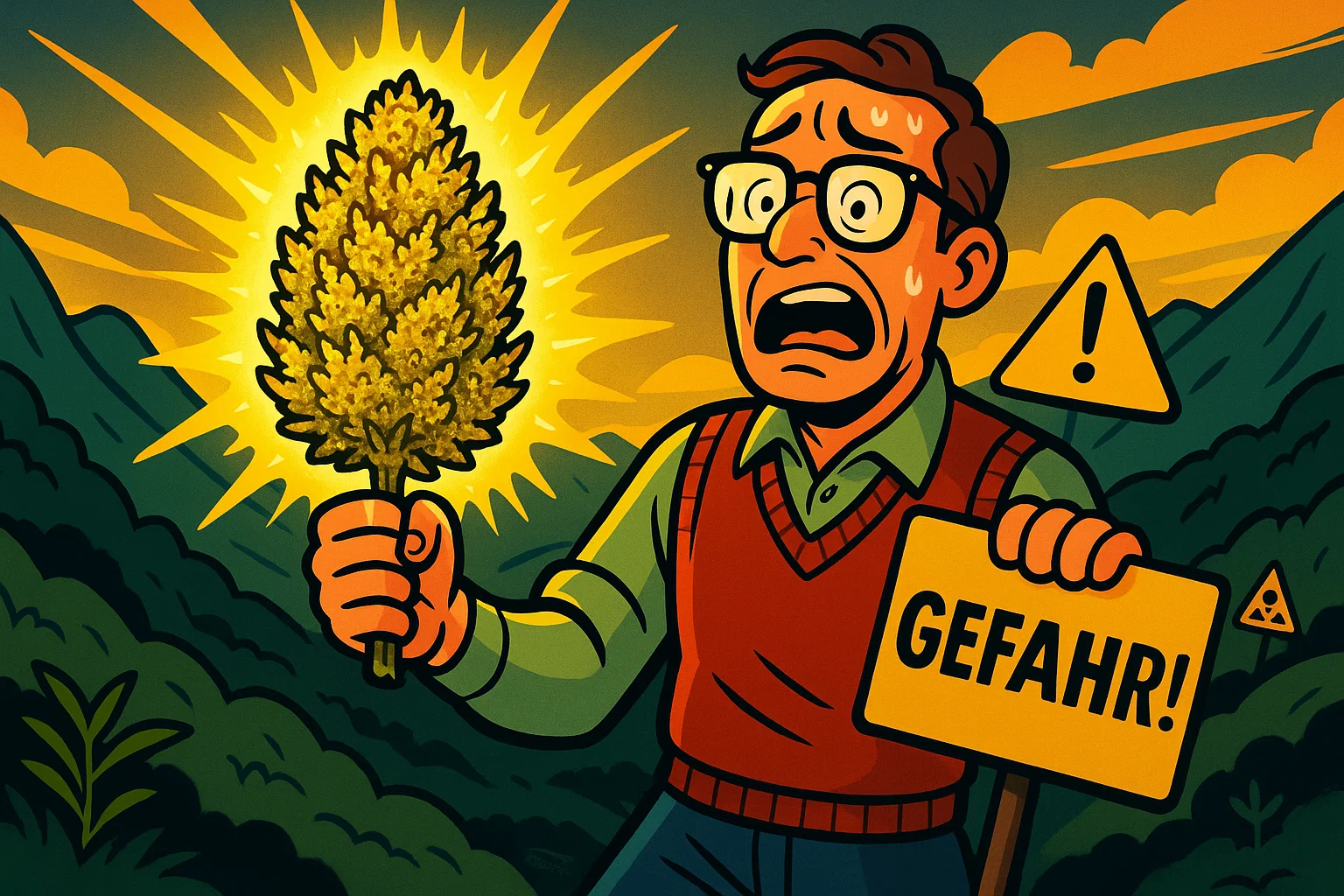 Ein Bibliothekar in den kolumbianischen Bergen, der eine leuchtend goldene Cannabis-Pflanze entdeckt.
