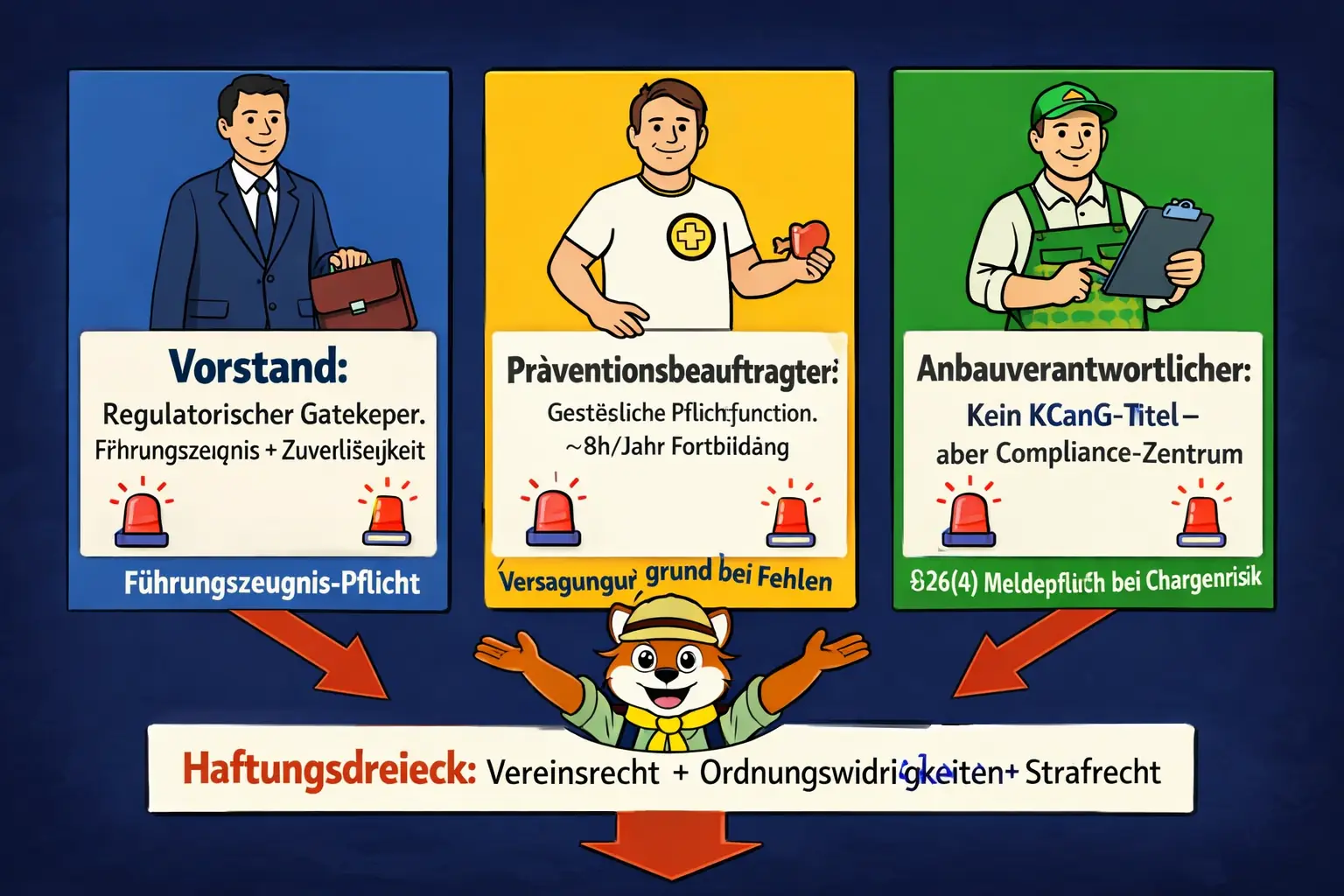 Die drei KCanG-Führungsrollen: Vorstand (regulatorischer Gatekeeper), Präventionsbeauftragter (Pflichtfunktion), Anbauverantwortlicher (Compliance-Pivot)