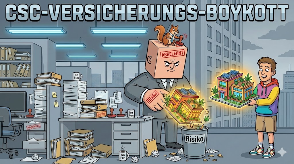 Satirische Karikatur: Ein verzweifelter CSC-Vorstand steht vor einem Tresor voller Cannabis, während ein Versicherungsvertreter lachend den Antrag zerreißt.