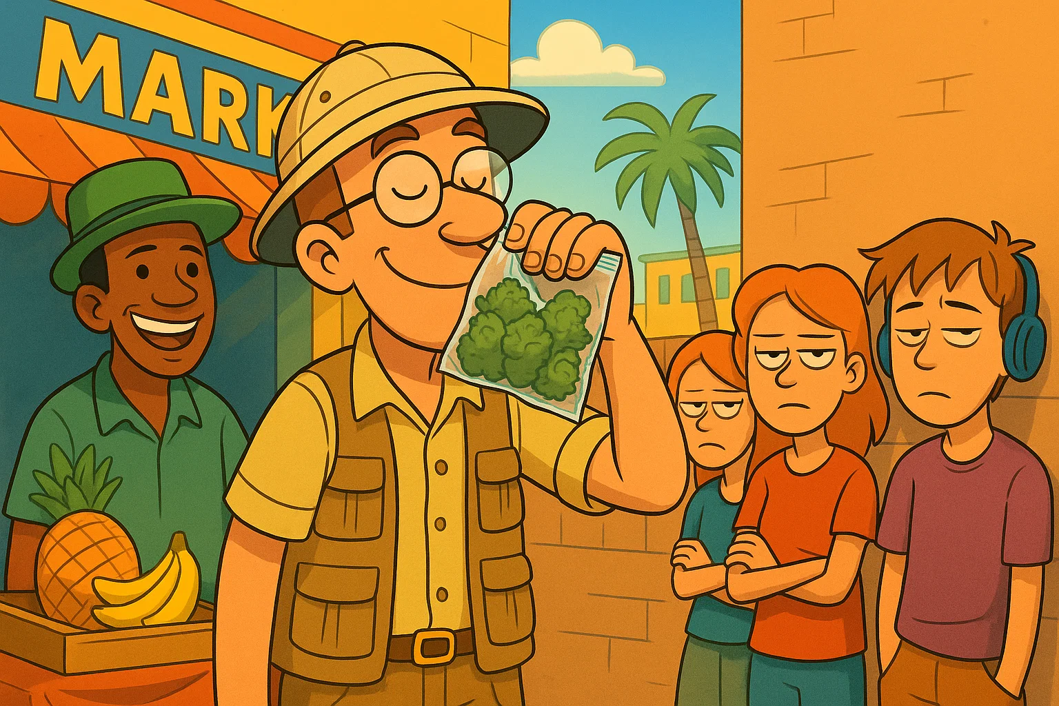 Comic: Vater kauft am Markt Durban Poison und denkt, es sei Gewürz. Die gelangweilten Kinder im Hintergrund.