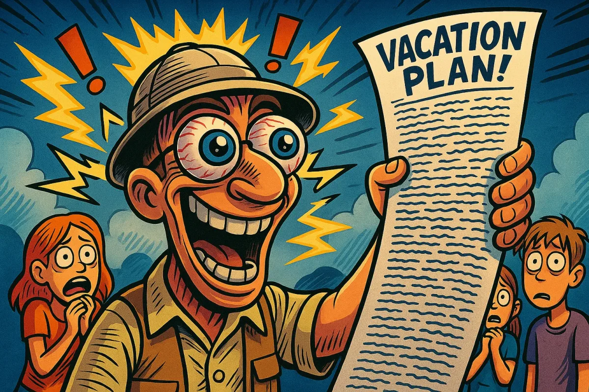 Comic: Vater ist nach dem Konsum hyperaktiv, hat riesige Augen und einen wirren Plan für den perfekten Urlaubstag.