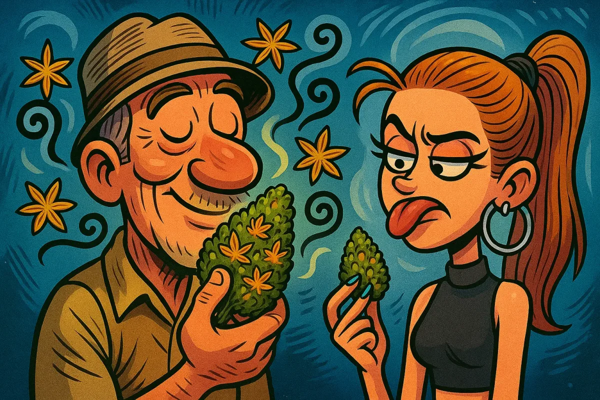 Comic: Die Influencer-Tochter riecht angeekelt am Bud, während der Vater von Anis-Sternen umgeben ist.