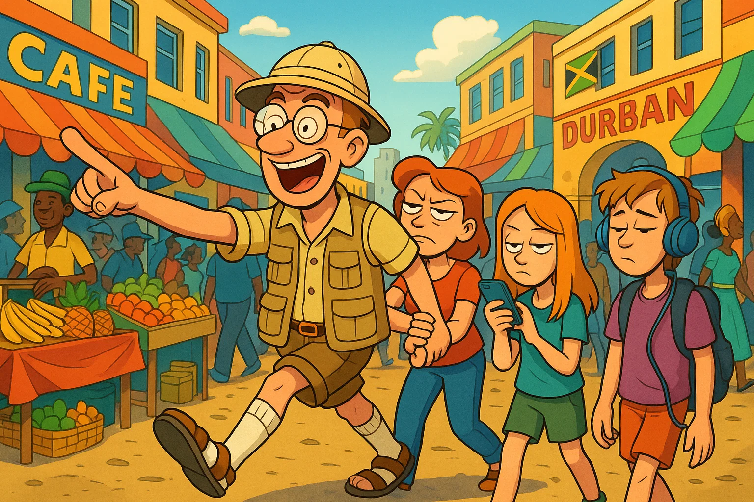 Vater im Safari-Outfit zerrt seine gelangweilte Familie durch Durban, Südafrika.