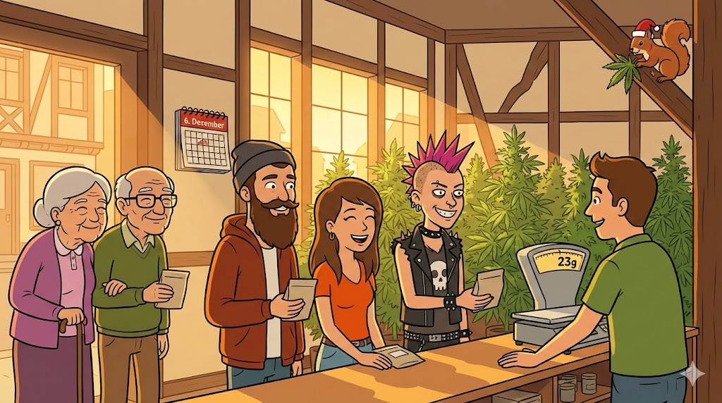 Satirische Karikatur: Glückliche Mitglieder eines Cannabis-Clubs in Darmstadt begutachten ihre erste legale Ernte im goldenen Sonnenlicht.