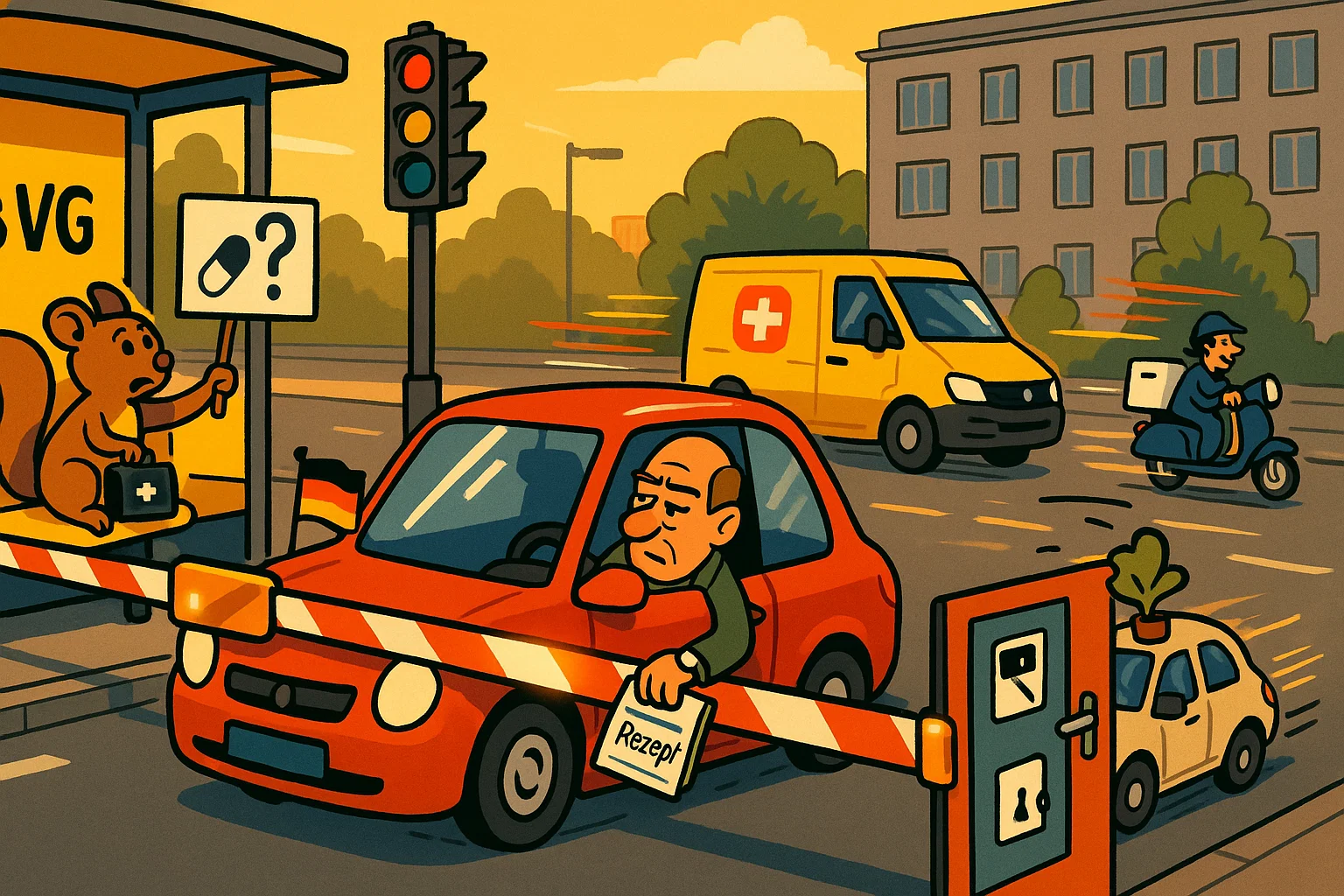 Symbolbild: Europa als Rennstrecke, auf der die Schweiz, Frankreich und andere Deutschland überholen, das an einer bürokratischen Hürde festhängt.