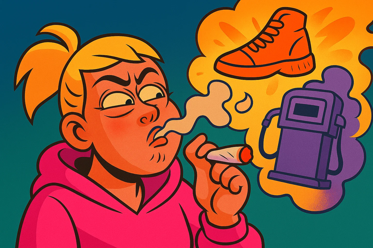 Comic: Held riecht am Joint, und der Rauch formt sich zu einem Turnschuh und einer Zapfsäule.