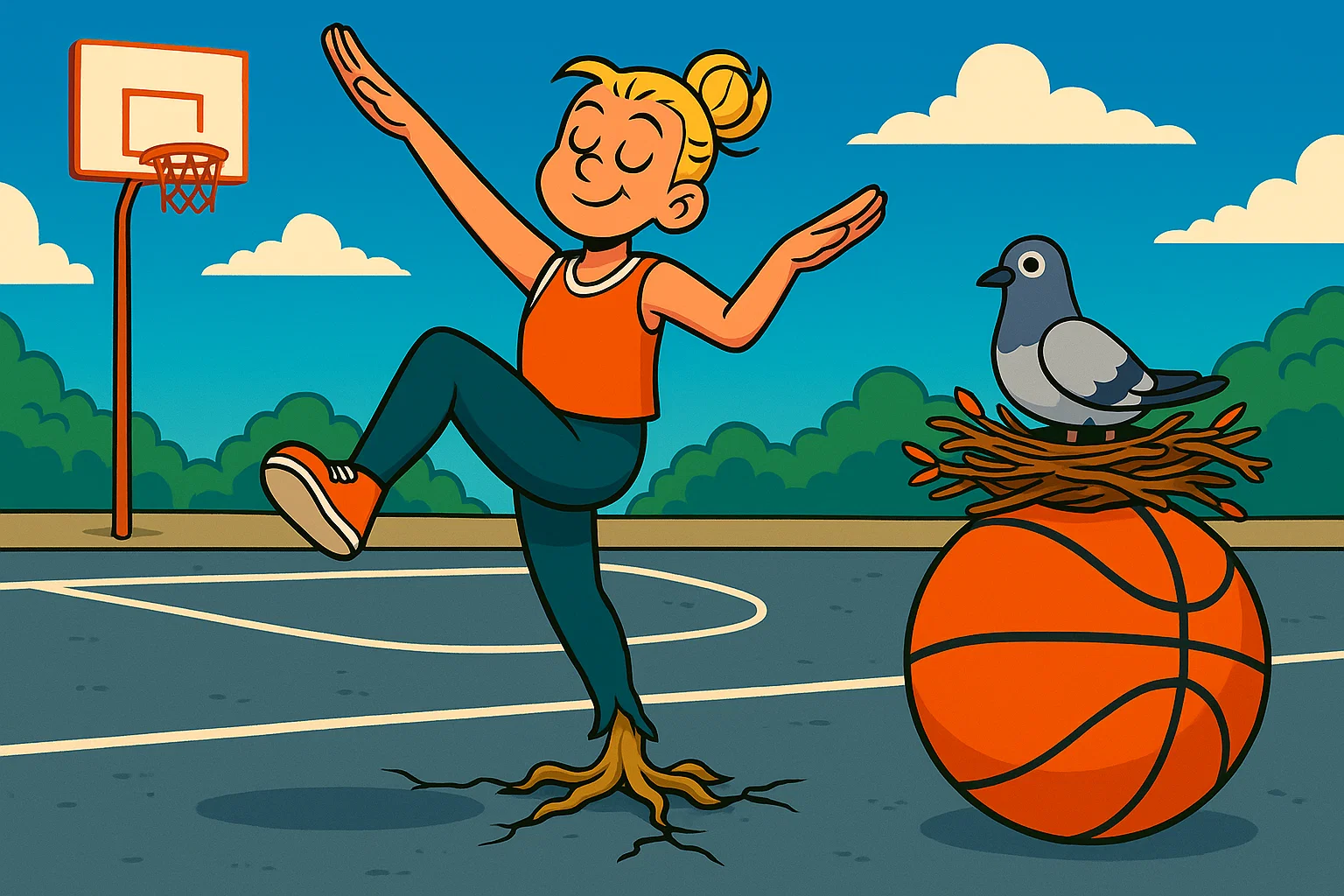 Comic: Held steht wie angewurzelt auf dem Basketballfeld, unfähig sich zu bewegen, während eine Taube auf dem Ball nistet.