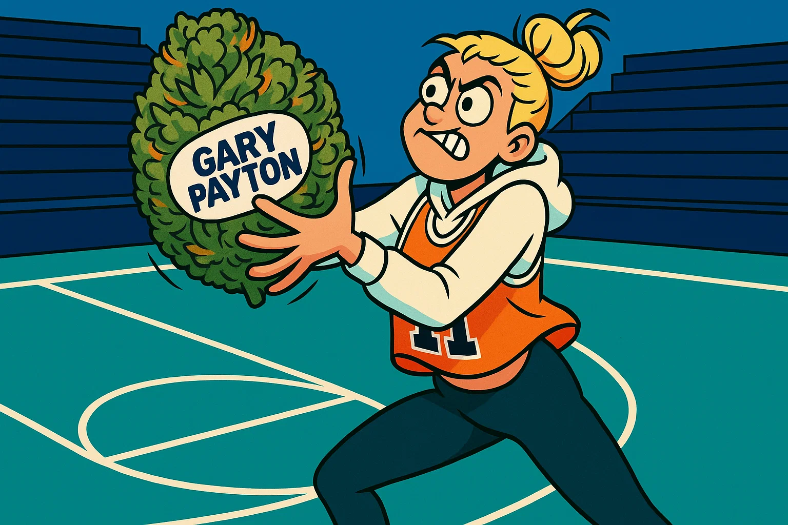 Held im 90er-Jahre-Basketball-Outfit hält einen riesigen Gary Payton Bud wie einen Basketball, bereit zum Wurf.