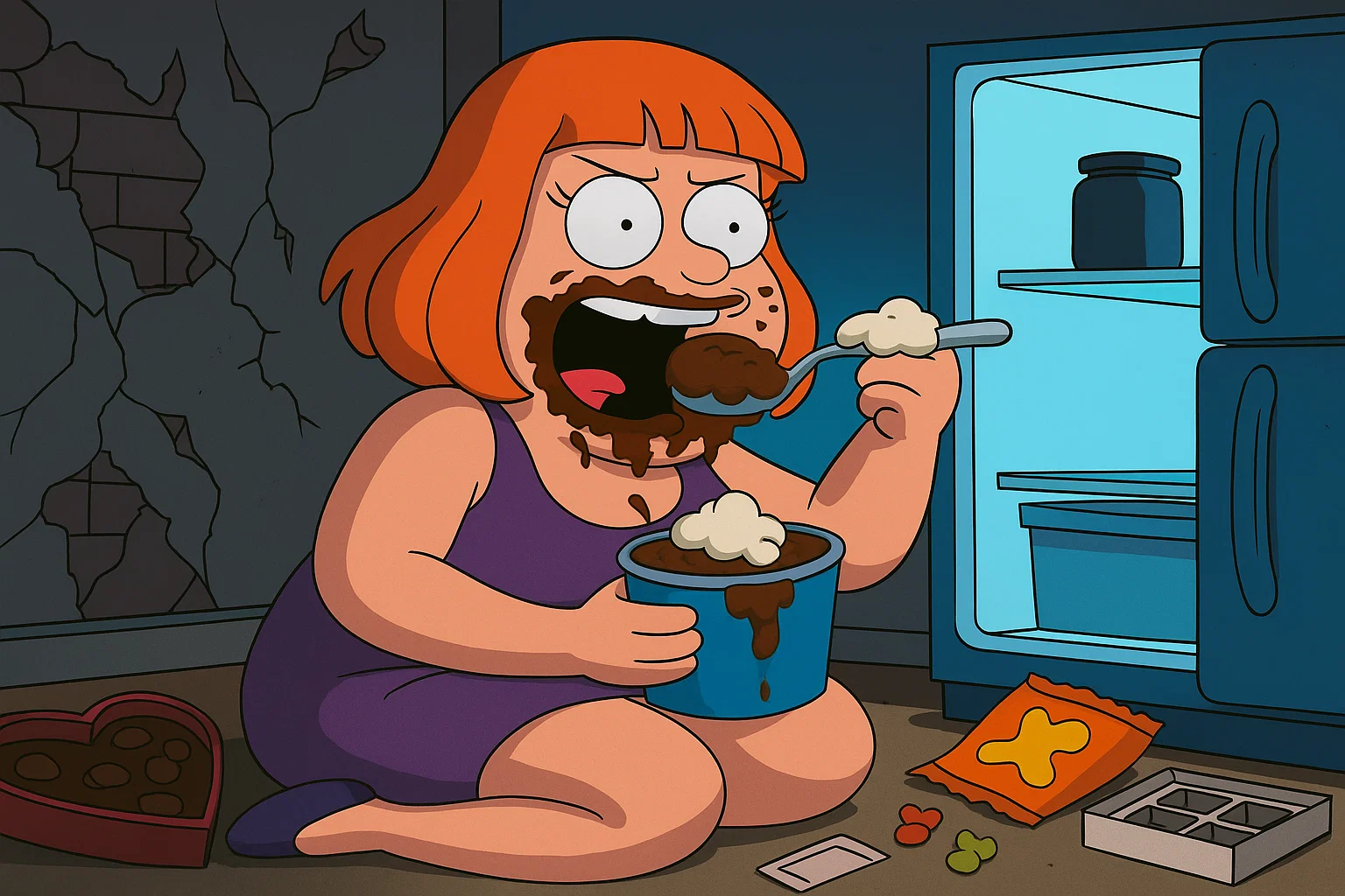 Comic: Gigi verliert alle Selbstbeherrschung vor einem riesigen Süßigkeiten-Buffet – der berüchtigte Gelato-Munchies-Effekt.