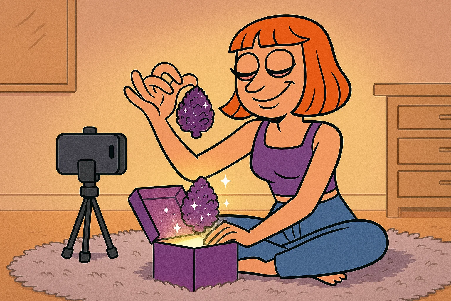 Comic: Gigi unboxed mit Instagram-würdiger Inszenierung einen premium Gelato Bud aus einer luxuriösen Verpackung.