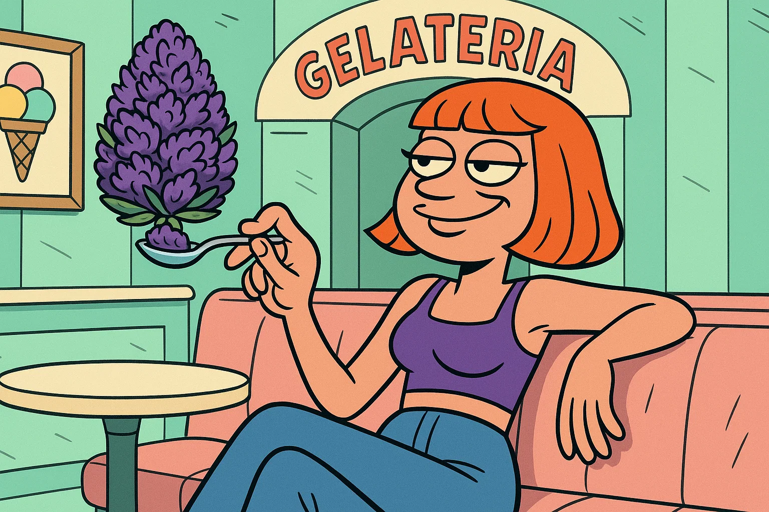 Gigi in einer stilvollen Gelateria mit Cannabis-inspirierten Eissorten, umgeben von violetten Gelato-Buds und eleganter Inneneinrichtung.