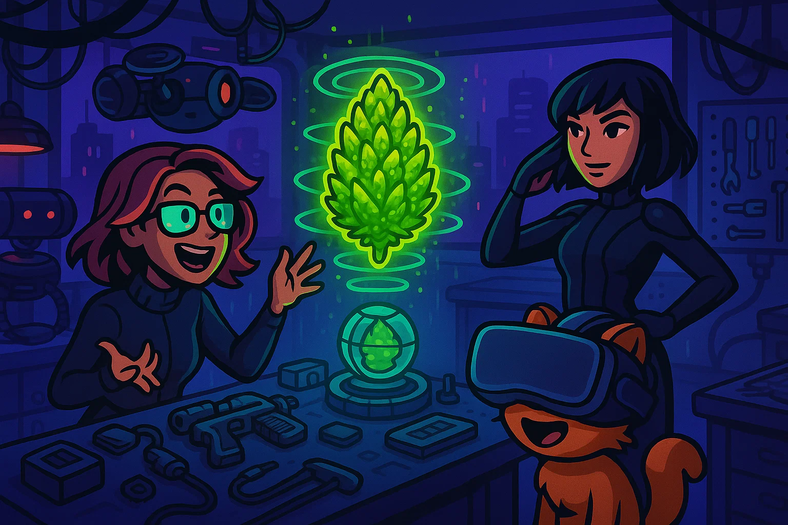 Kiras Werkstatt: Hologramm‑Bauplan des Neo‑Kyoto Towers; Juno probt die Tarnung.