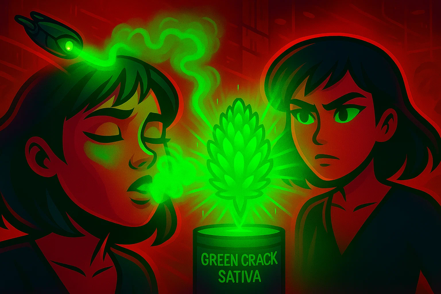Kiras Drohne sprüht neongrünen Dampf; beide Augen leuchten #39FF14.