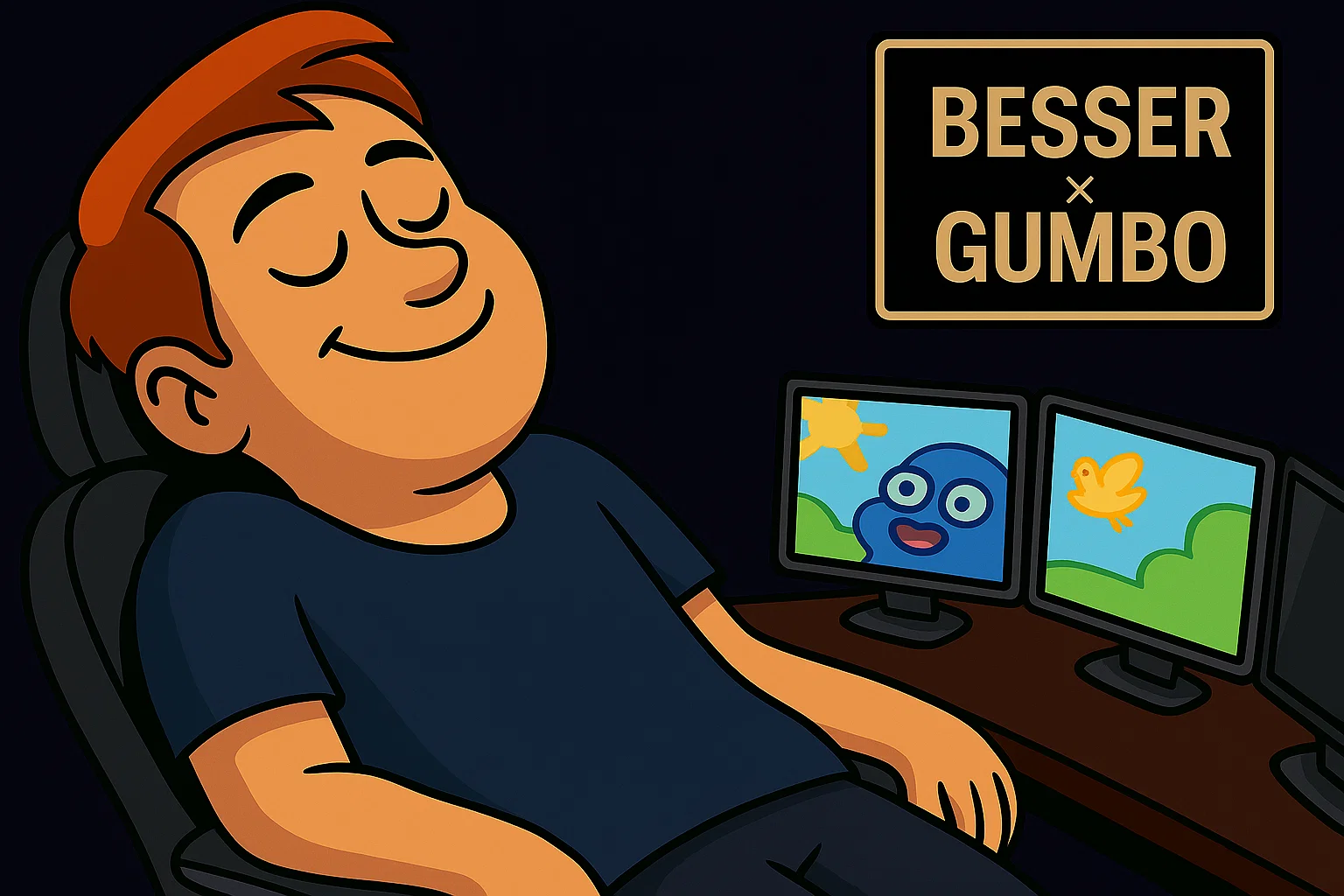 Comic: Dexter liegt friedlich in seinem Gaming-Stuhl, schaut auf seinem Monitor eine einfache Zeichentrickserie mit einem glücklichen, leeren Ausdruck.