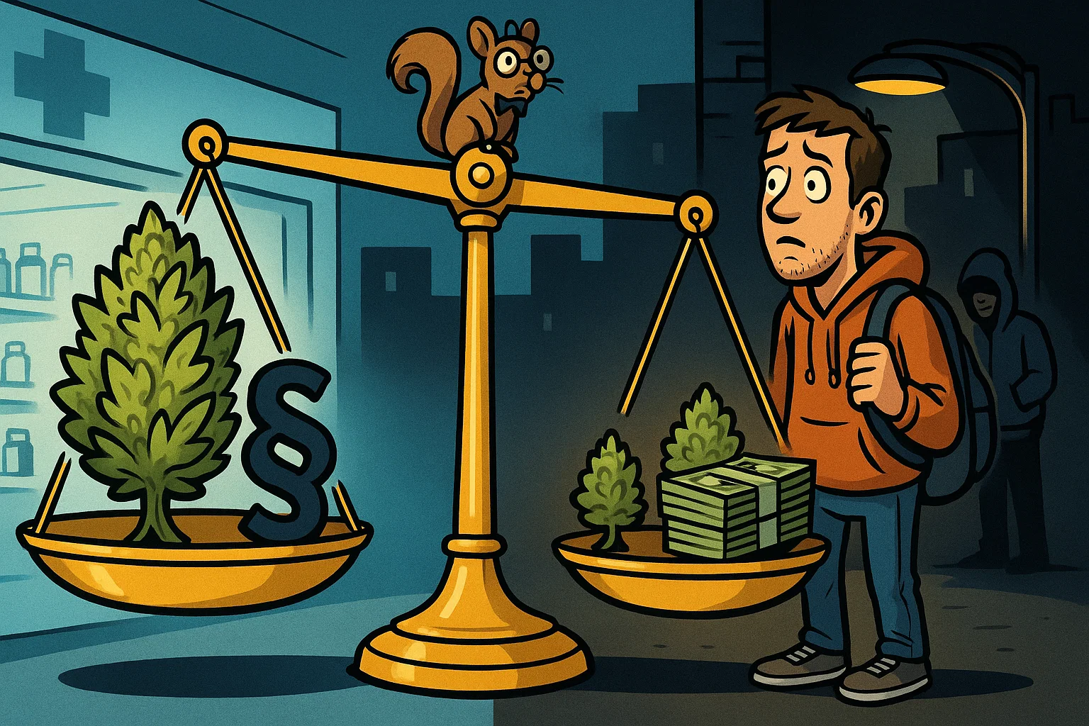 Eine Waage, auf der eine legale Cannabisblüte und ein Geldstapel balancieren, symbolisiert den Wettbewerb der Systeme.