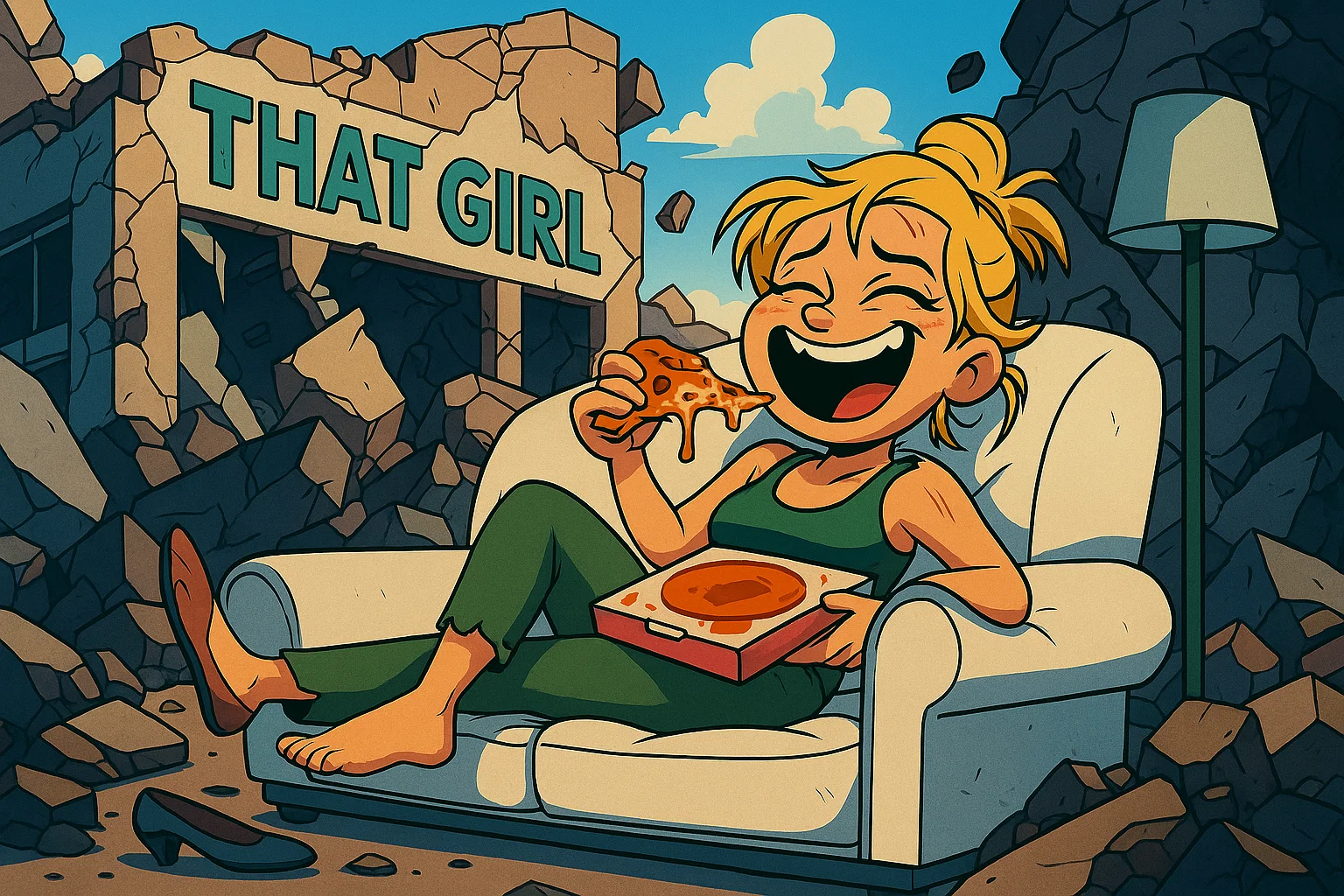 Comic: Die 'That Girl'-Fassade bricht zusammen, als Tiffany glückselig mit einer Pizza auf ihrer makellosen Couch lümmelt und lacht.
