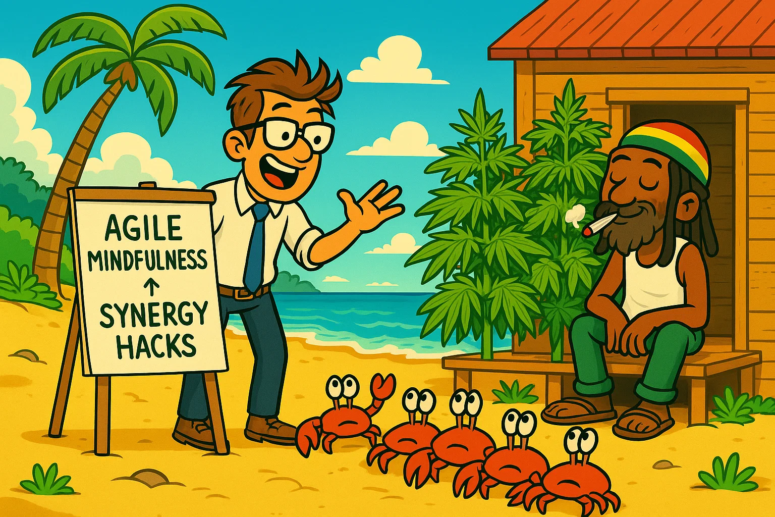 Comic: Startup-Gründer hält einen Vortrag über 'Mindfulness' am Strand, während im Hintergrund ein Rasta-Farmer seine Pflanzen pflegt.