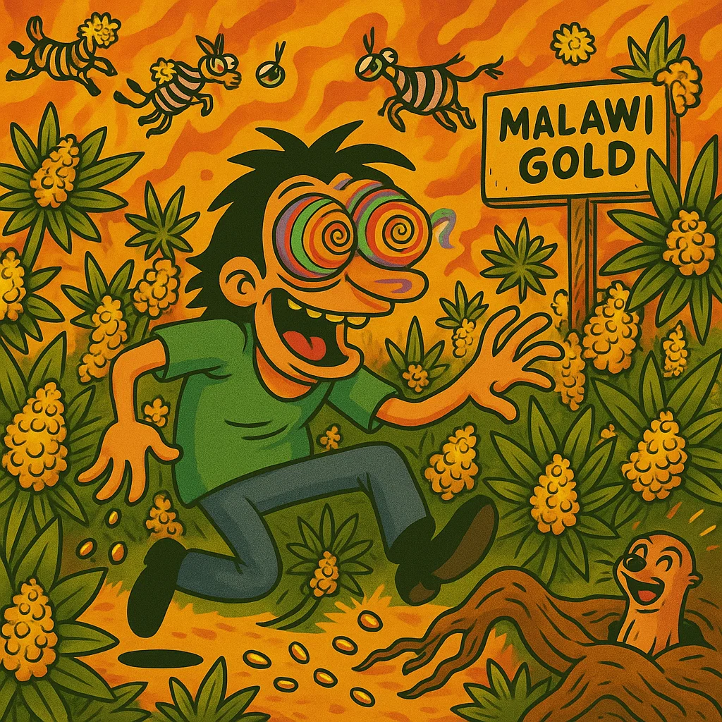 Malawi Gold Cover – Protagonist stolpert in der afrikanischen Savanne, goldene Sativa im Hintergrund.