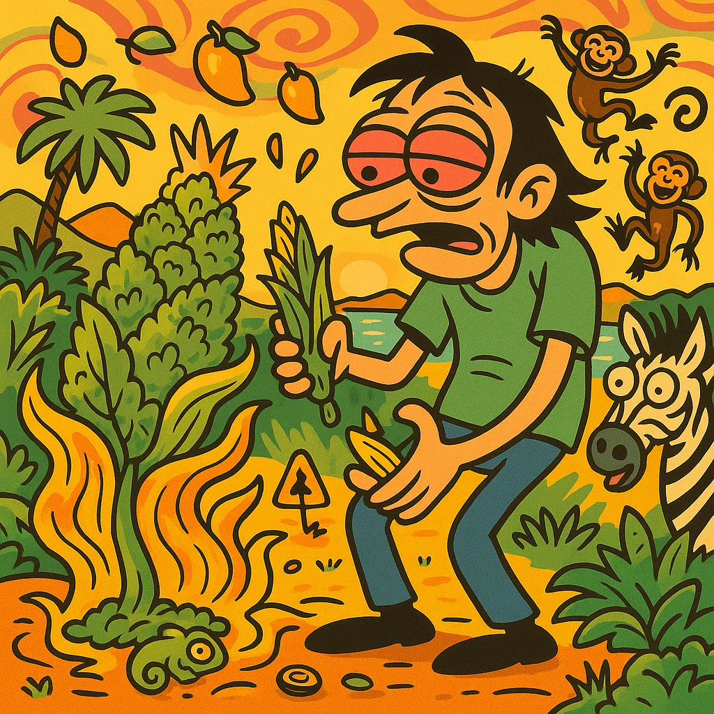 Malawi Gold Comic: Protagonist riecht an goldenen Blüten, Schmetterlinge und tropische Früchte fliegen herum.