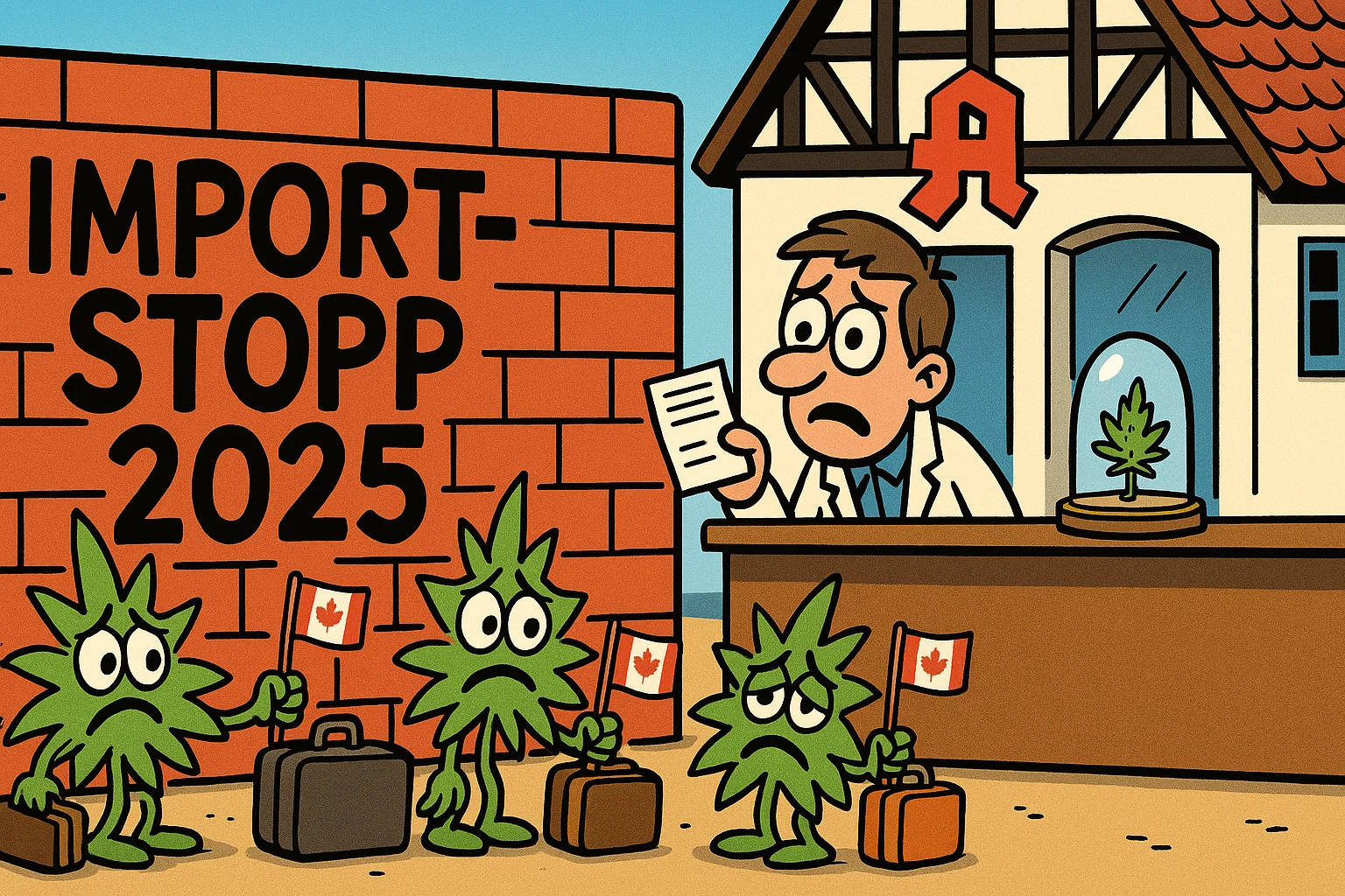 Karikatur einer Cannabis-Rakete mit der Aufschrift '900.000 Patienten', die von einer Hand mit der Aufschrift 'BMG-Gesetz' gestoppt wird.