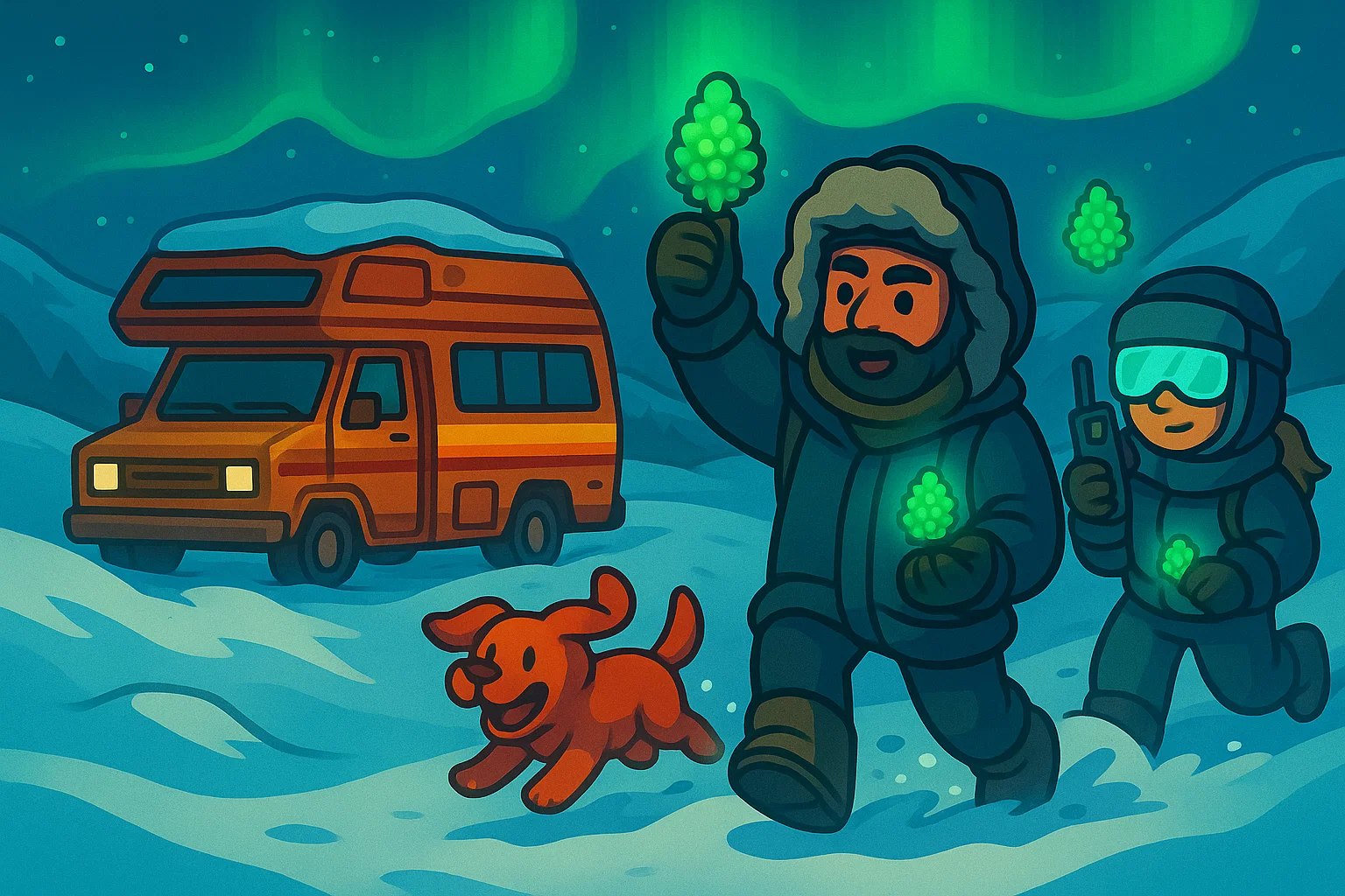 Der SV-Hopper als 80er-Camper in einem verschneiten Wald, Gideon und Lena stapfen durch den Schnee unter zartem Polarlicht.