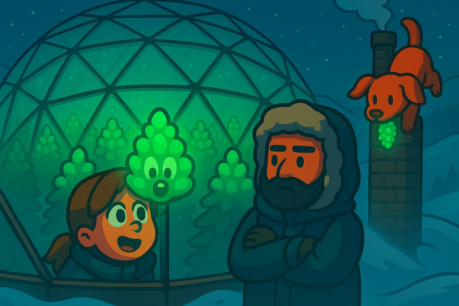 Vor einer geothermischen Kuppel mit smaragdgrünem Licht: Gideon hält Wache, Lena staunt an der Glasfläche.