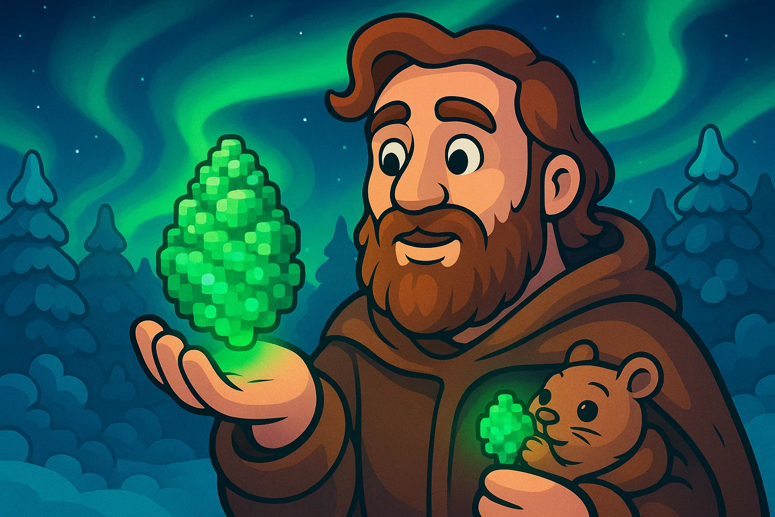 Gideon Stone unter den Polarlichtern mit einem frostigen Northern-Lights-Bud in der Hand.