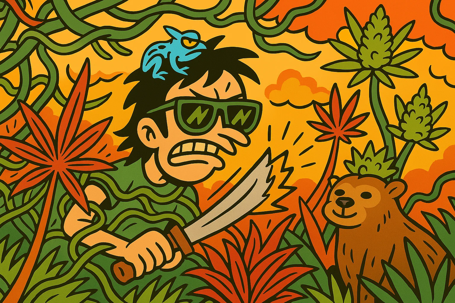Comic: Held kämpft sich mit Machete durch den Dschungel, im Vordergrund rote Cannabis-Buds.