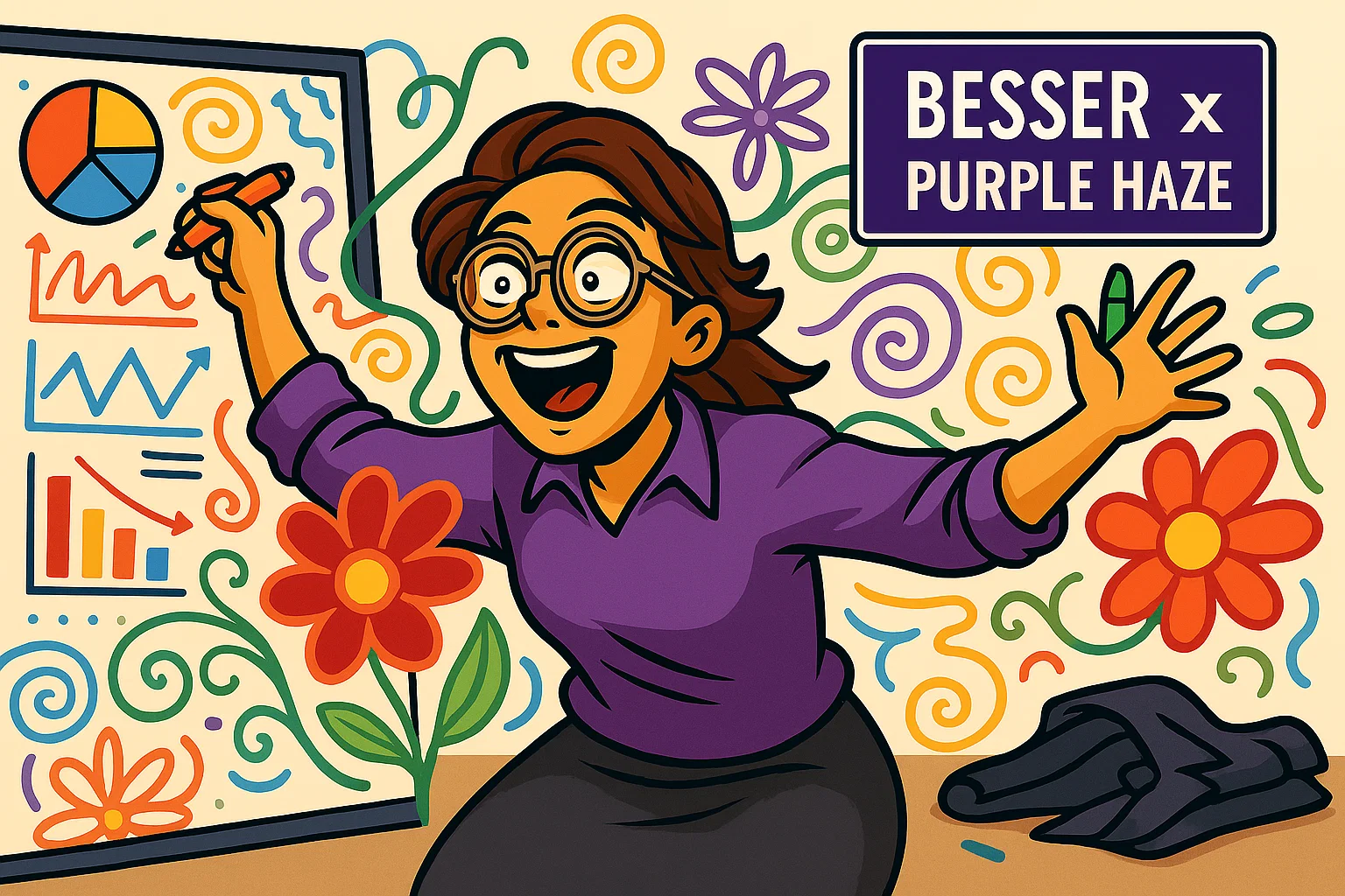 Comic: Brenda kritzelt Mindmaps und Blumen über Finanzcharts – Brainstorm im Overdrive.