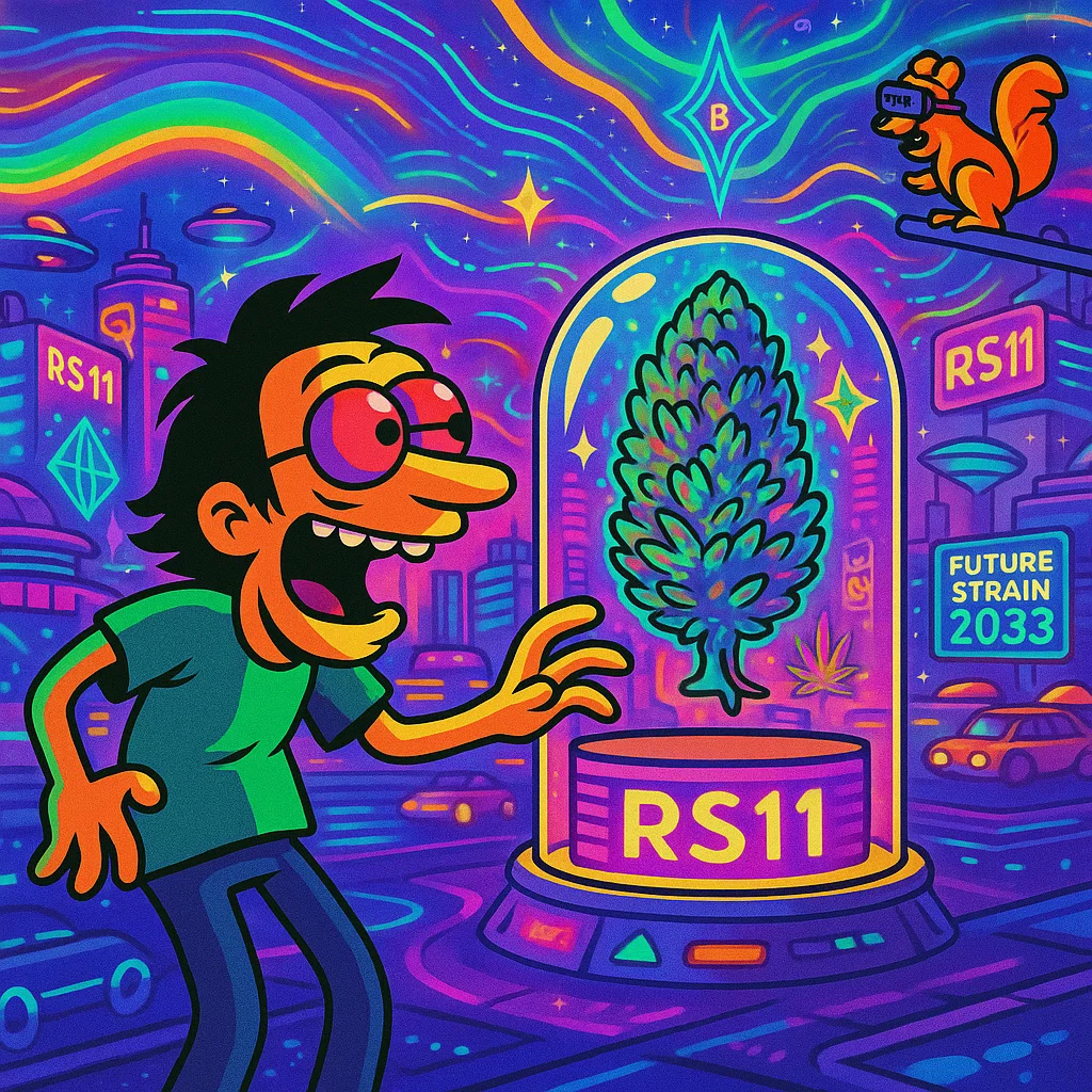 Held blickt in einer futuristischen Stadt auf den leuchtenden RS11-Strain.