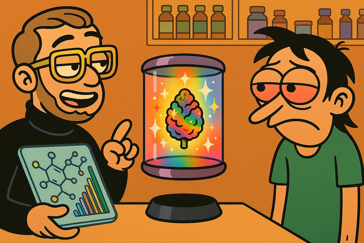 Comic: Ein übermotivierter Budtender präsentiert einen einzelnen RS11 Bud in einer Schwebevitrine.